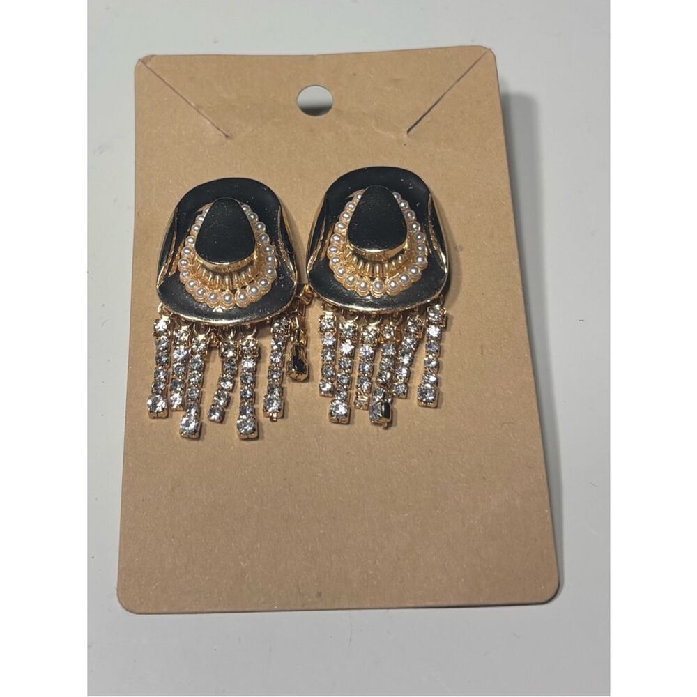 New Gold Cowboy Hat Crystal Fringe Statement Earrings - Women Jewelry